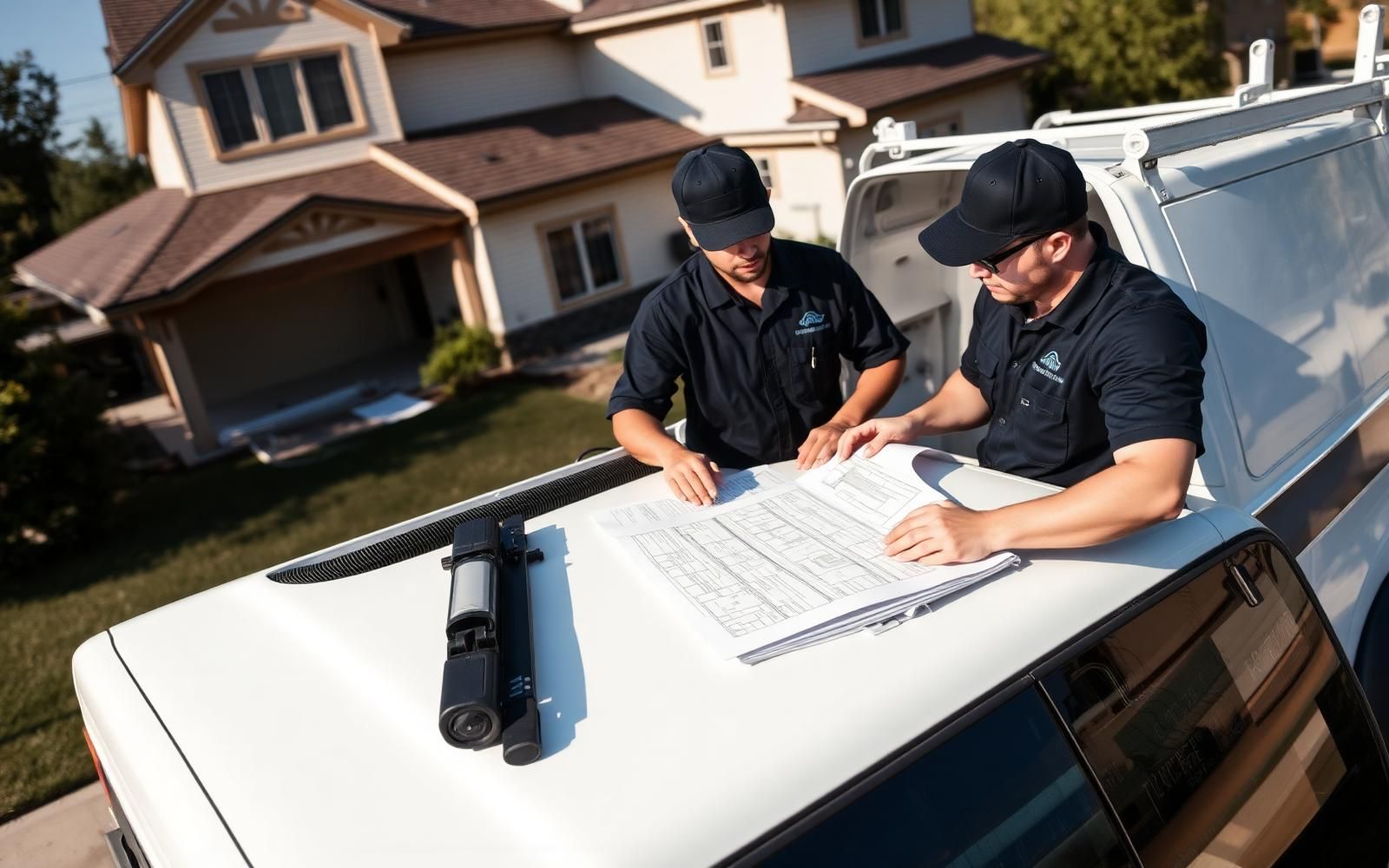 Two electricians reviewing blueprints on a work van at a job site
