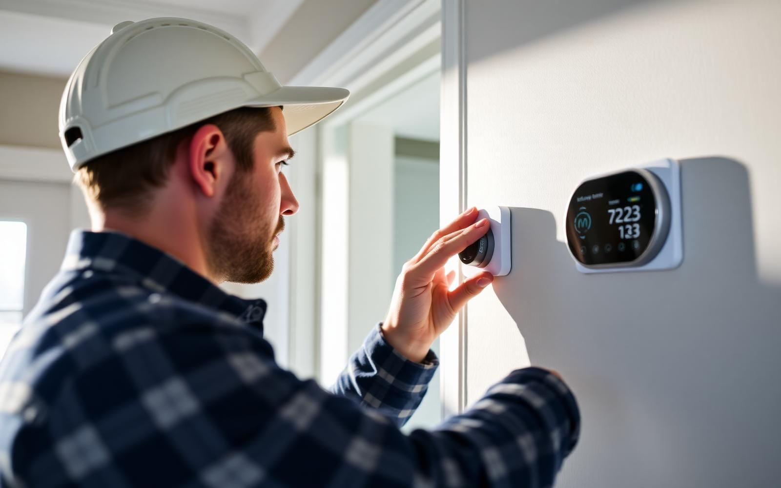 Technicien ajustant un thermostat intelligent dans une maison lumineuse