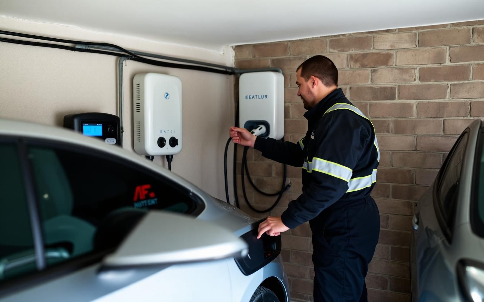 Électricien installant une borne de recharge pour véhicule électrique dans un garage