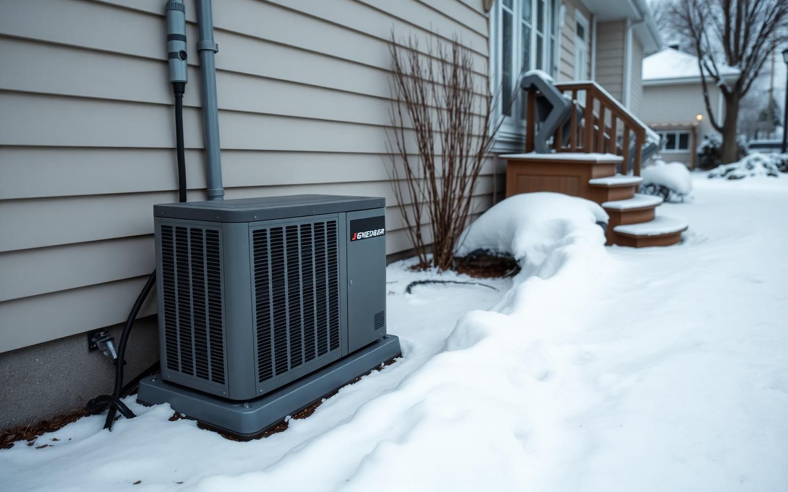 Standby home generator installed beside a house in winter