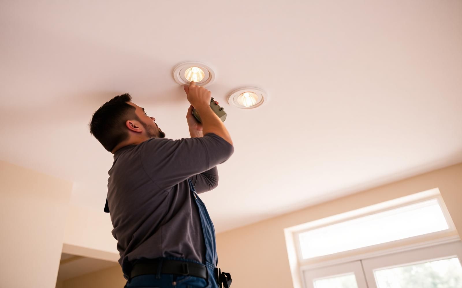 Électricien installant des lumières encastrées pendant une rénovation résidentielle