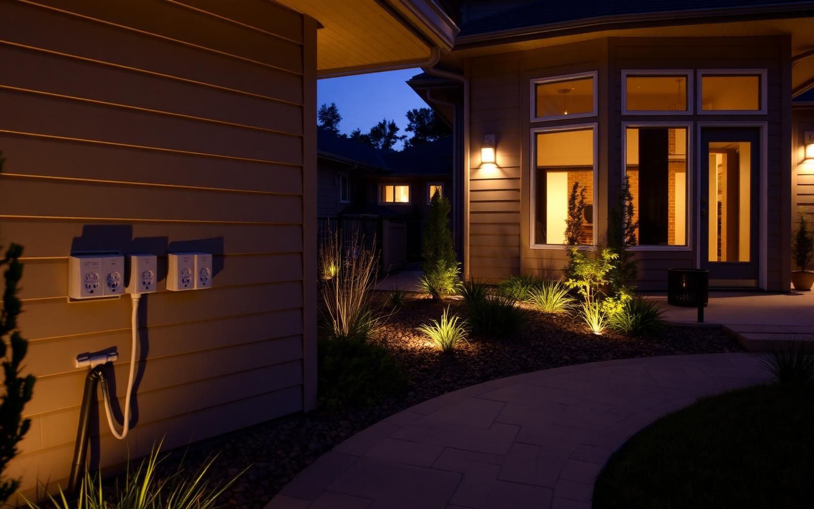 Outdoor landscape lighting and exterior outlets on a home patio at dusk