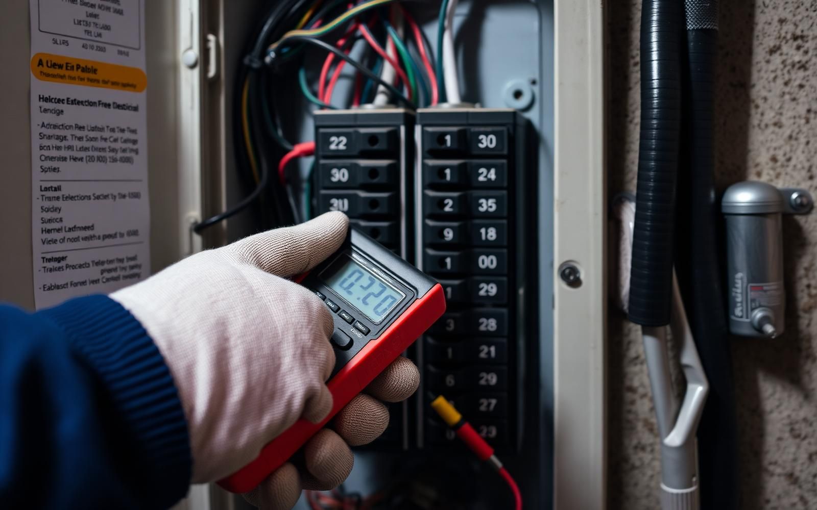 Électricien vérifiant un panneau de disjoncteurs résidentiel avec un multimètre